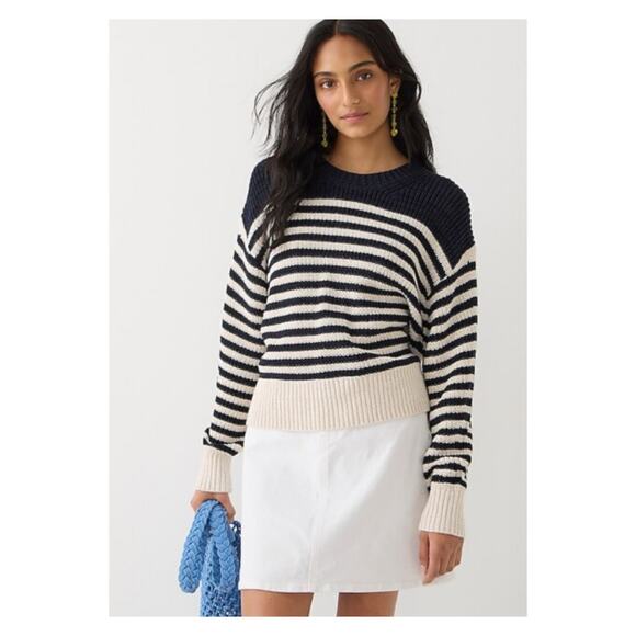 J. Crew Oversized Crewneck Striped Cotton Sweater Navy Black Ivory Size XS - Picture 1 of 10